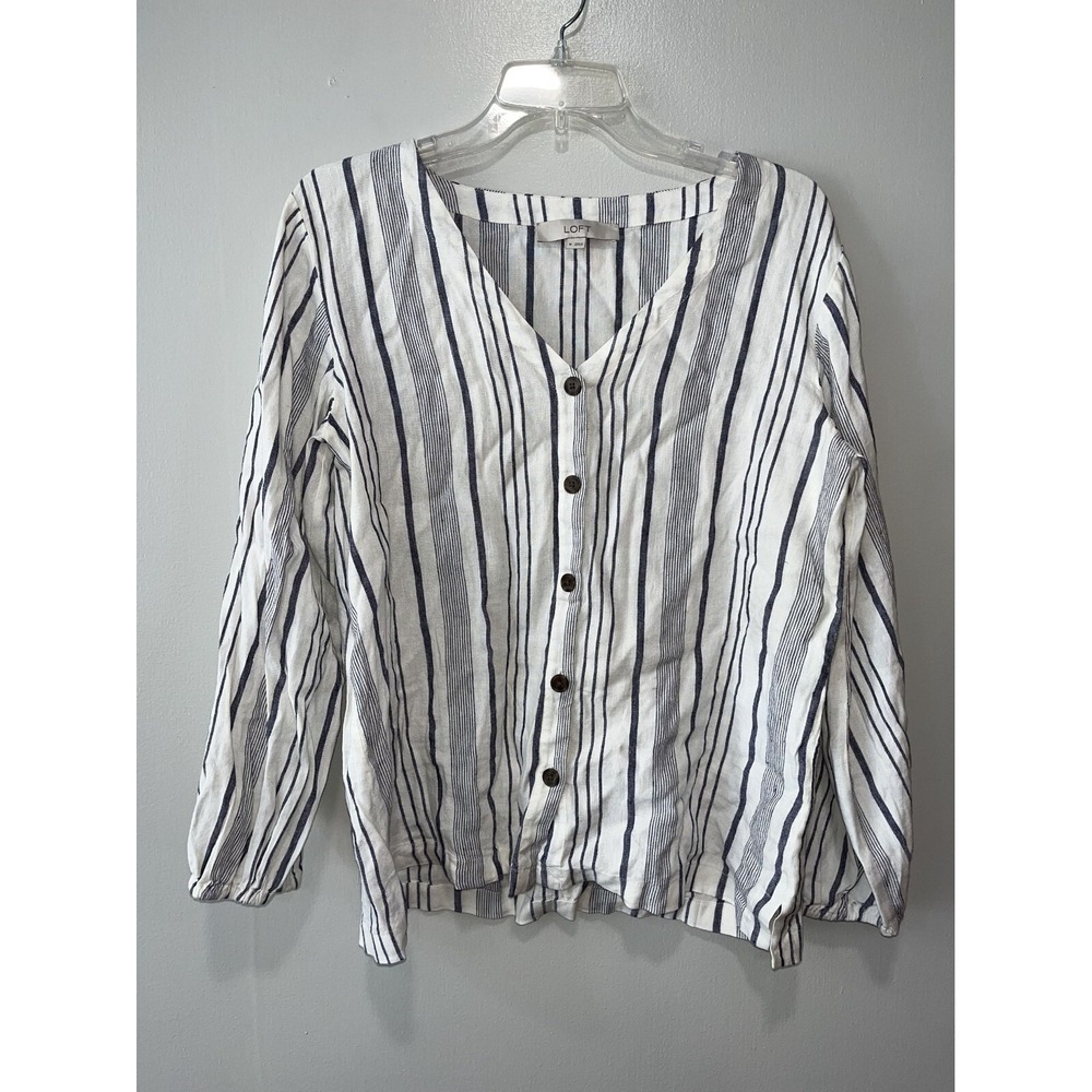 Loft Women's Button-Up Linen Blend Blouse, Medium,‎ Striped nacy/white